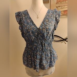 Old Navy Blue Floral Ruffle Blouse